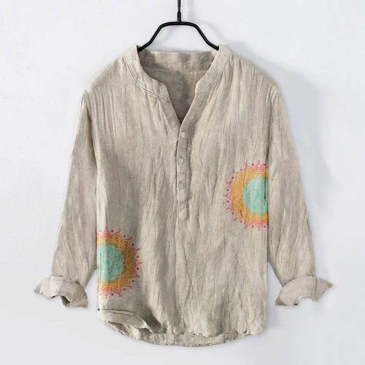 Buddha Stones Colorful Mandala Pattern Half Buttons Men’s Cotton Linen Long Sleeve Shirt - Linen / US/UK/AU38，EU48 (M)