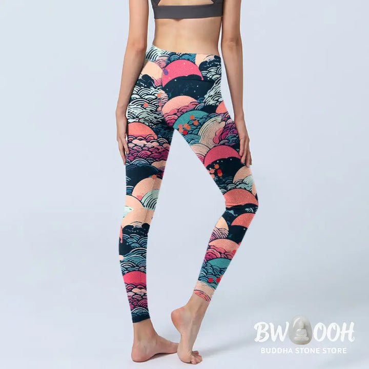 BWOOOH printed yoga leggings - Colorful Ocean Waves Print Gym Leggings 