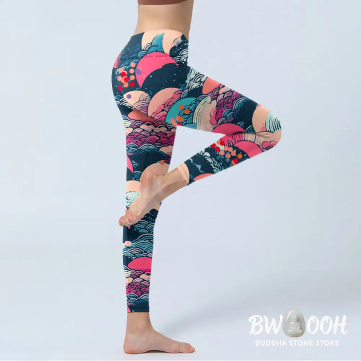 BWOOOH printed yoga leggings - Colorful Ocean Waves Print Gym Leggings 
