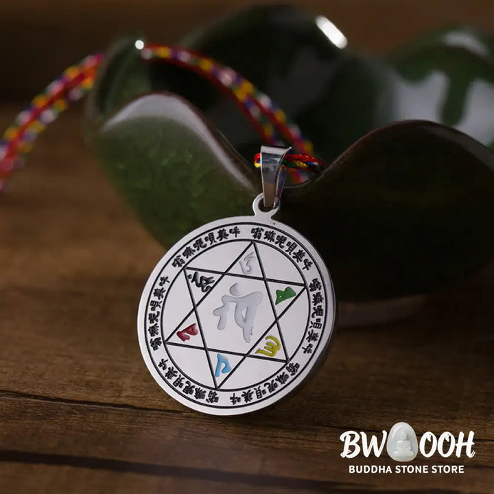 Buddha Stones Colorful Om Mani Padme Hum Titanium Steel Protection Rope Necklace Pendant - BWOOOH - Necklaces &amp; Pendants