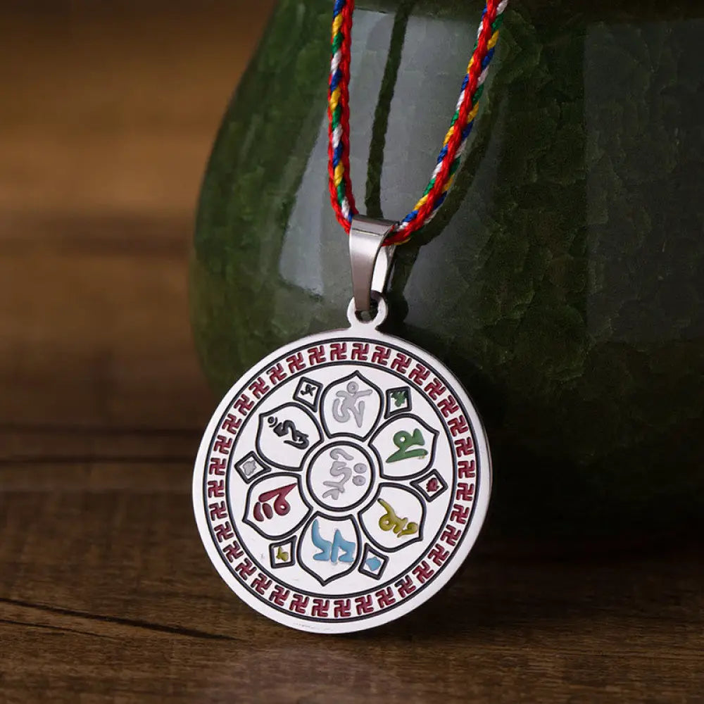 Buddha Stones Colorful Om Mani Padme Hum Titanium Steel Protection Rope Necklace Pendant - BWOOOH - Silvery - Necklaces