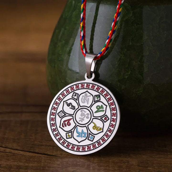 Buddha Stones Colorful Om Mani Padme Hum Titanium Steel Protection Rope Necklace Pendant - BWOOOH - Silvery - Necklaces