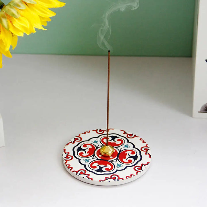 BWOOOH Colorful Pattern Ceramic Blessing Stick Incense Burner - White Red - Incense Burner