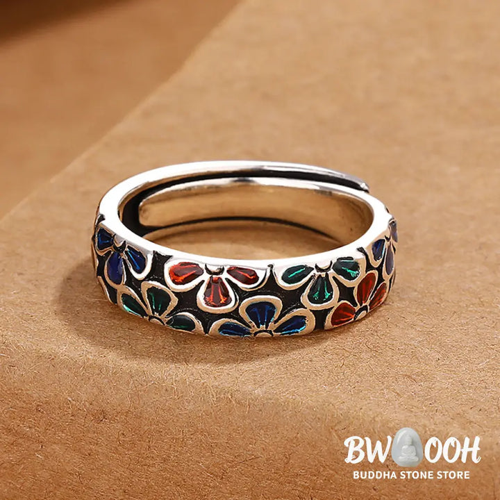 Buddha Stones Colorful Plum Blossoms Design Healing Copper Adjustable Ring - BWOOOH - Adjustable - Ring
