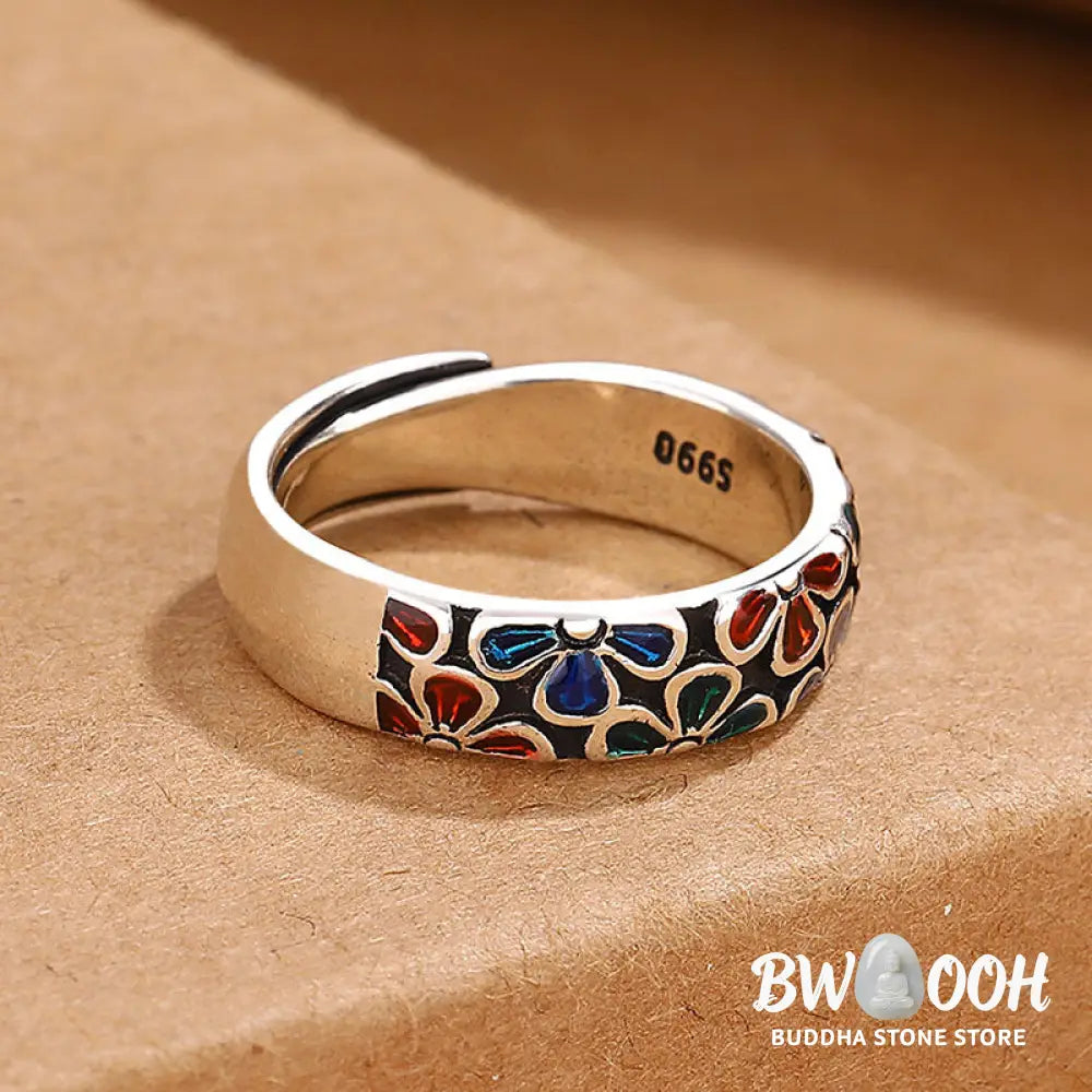 Buddha Stones Colorful Plum Blossoms Design Healing Copper Adjustable Ring - BWOOOH - Adjustable - Ring