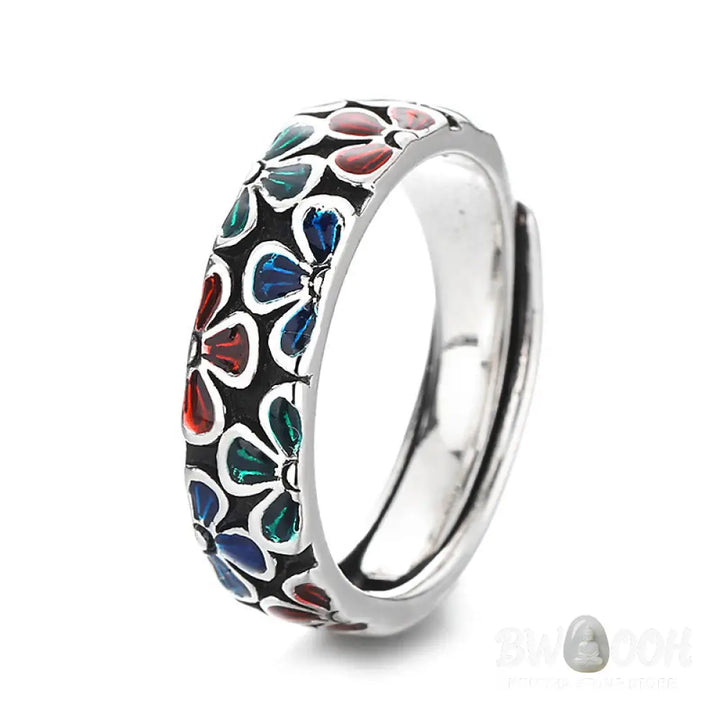 Buddha Stones Colorful Plum Blossoms Design Healing Copper Adjustable Ring - BWOOOH - Adjustable - Ring