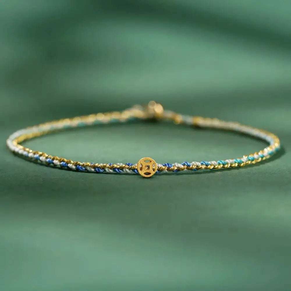 Buddha Stones Colorful Rope Luck Coin Bead Abundance Extra Thin Braided Bracelet - BWOOOH - Blue / Rope With Copper