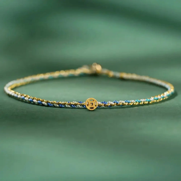 Buddha Stones Colorful Rope Luck Coin Bead Abundance Extra Thin Braided Bracelet - BWOOOH - Blue / Rope With Copper