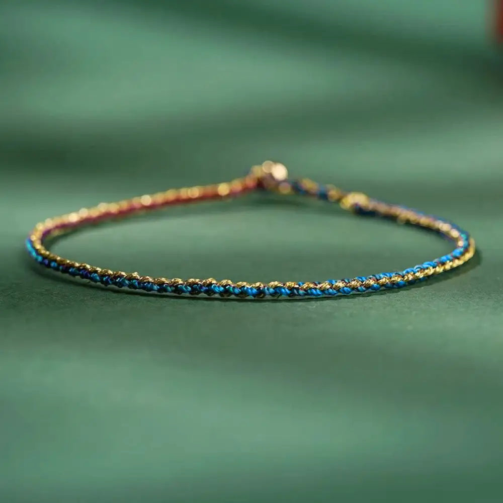 Buddha Stones Colorful Rope Luck Coin Bead Abundance Extra Thin Braided Bracelet - BWOOOH - Dark Blue / Bare Rope