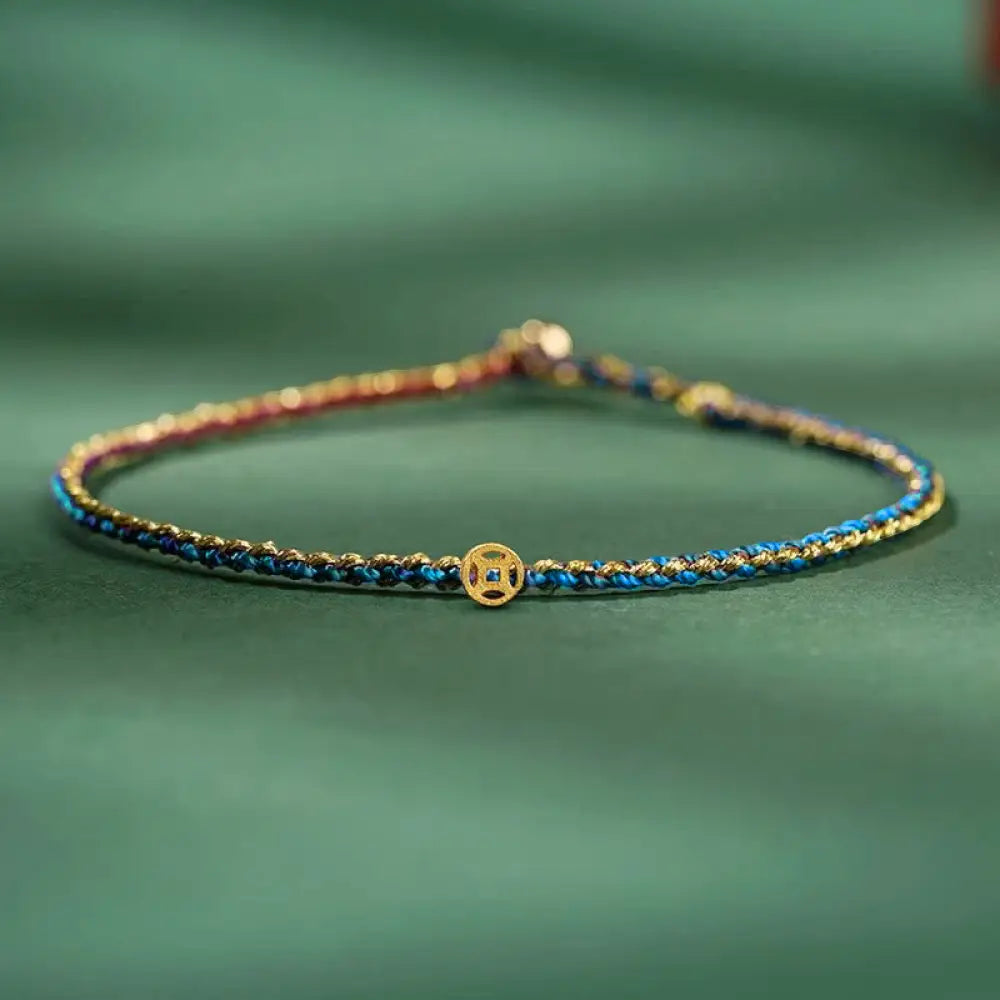 Buddha Stones Colorful Rope Luck Coin Bead Abundance Extra Thin Braided Bracelet - BWOOOH - Dark Blue / Rope With