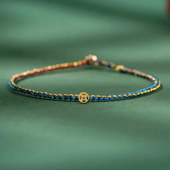 Buddha Stones Colorful Rope Luck Coin Bead Abundance Extra Thin Braided Bracelet - BWOOOH - Dark Blue / Rope With