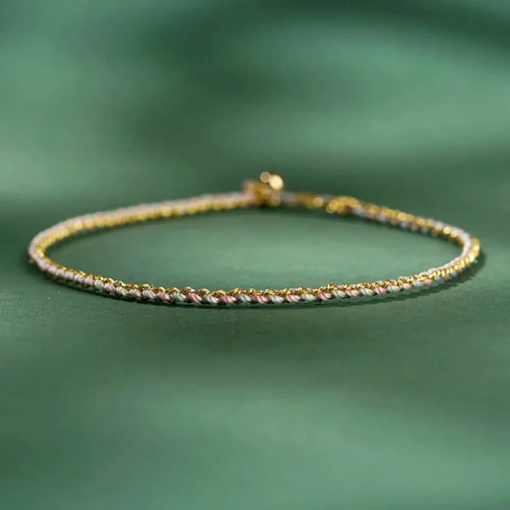 Buddha Stones Colorful Rope Luck Coin Bead Abundance Extra Thin Braided Bracelet - BWOOOH - Light Pink / Bare Rope