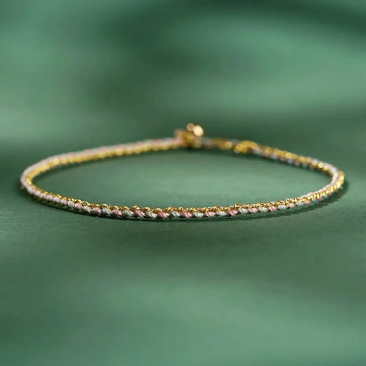 Buddha Stones Colorful Rope Luck Coin Bead Abundance Extra Thin Braided Bracelet - BWOOOH - Light Pink / Bare Rope