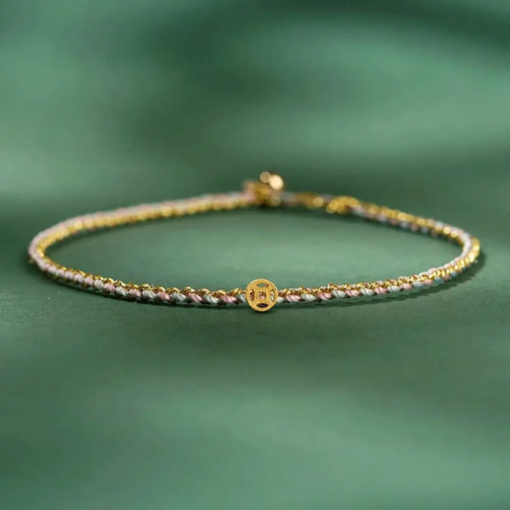 Buddha Stones Colorful Rope Luck Coin Bead Abundance Extra Thin Braided Bracelet - BWOOOH - Light Pink / Rope With