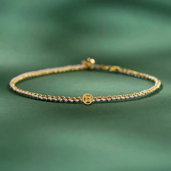 Buddha Stones Colorful Rope Luck Coin Bead Abundance Extra Thin Braided Bracelet - BWOOOH - Light Pink / Rope With