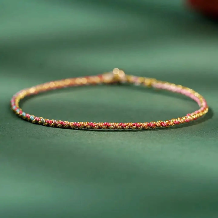 Buddha Stones Colorful Rope Luck Coin Bead Abundance Extra Thin Braided Bracelet - BWOOOH - Pink / Bare Rope / 16cm