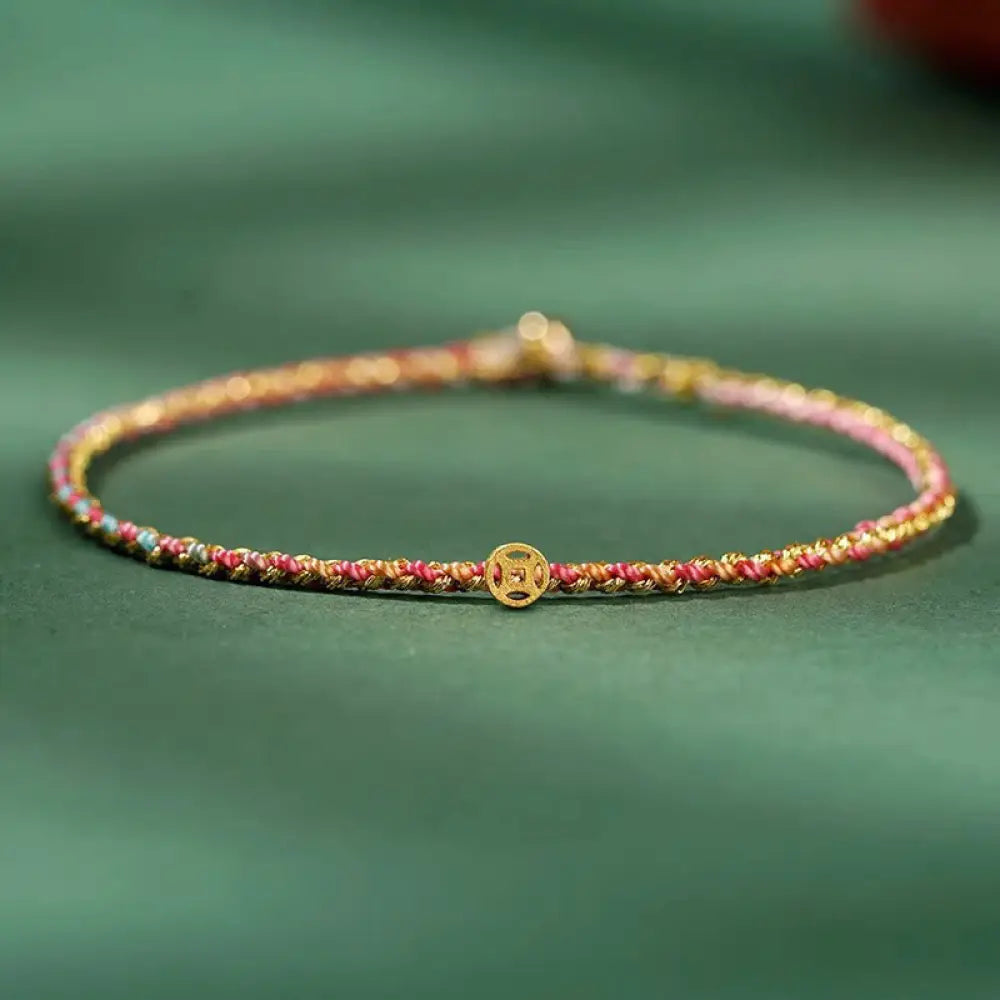 Buddha Stones Colorful Rope Luck Coin Bead Abundance Extra Thin Braided Bracelet - BWOOOH - Pink / Rope With Copper