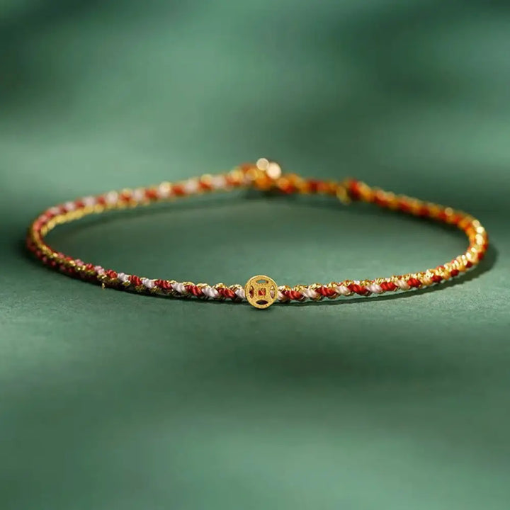 Buddha Stones Colorful Rope Luck Coin Bead Abundance Extra Thin Braided Bracelet - BWOOOH - Red / Rope With Copper Coin