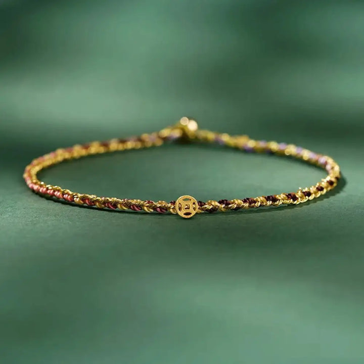 Buddha Stones Colorful Rope Luck Coin Bead Abundance Extra Thin Braided Bracelet - BWOOOH - Yellow / Rope With Copper