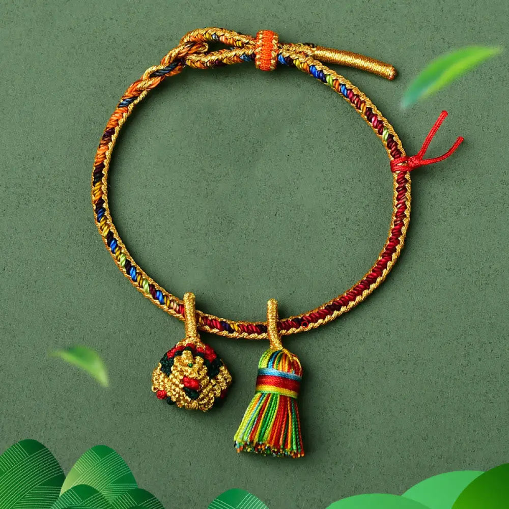 BWOOOH Colorful Rope Luck Handmade Zongzi Golden Ball Charm Bracelet - Colorful Golden Zongzi Broom&Red String