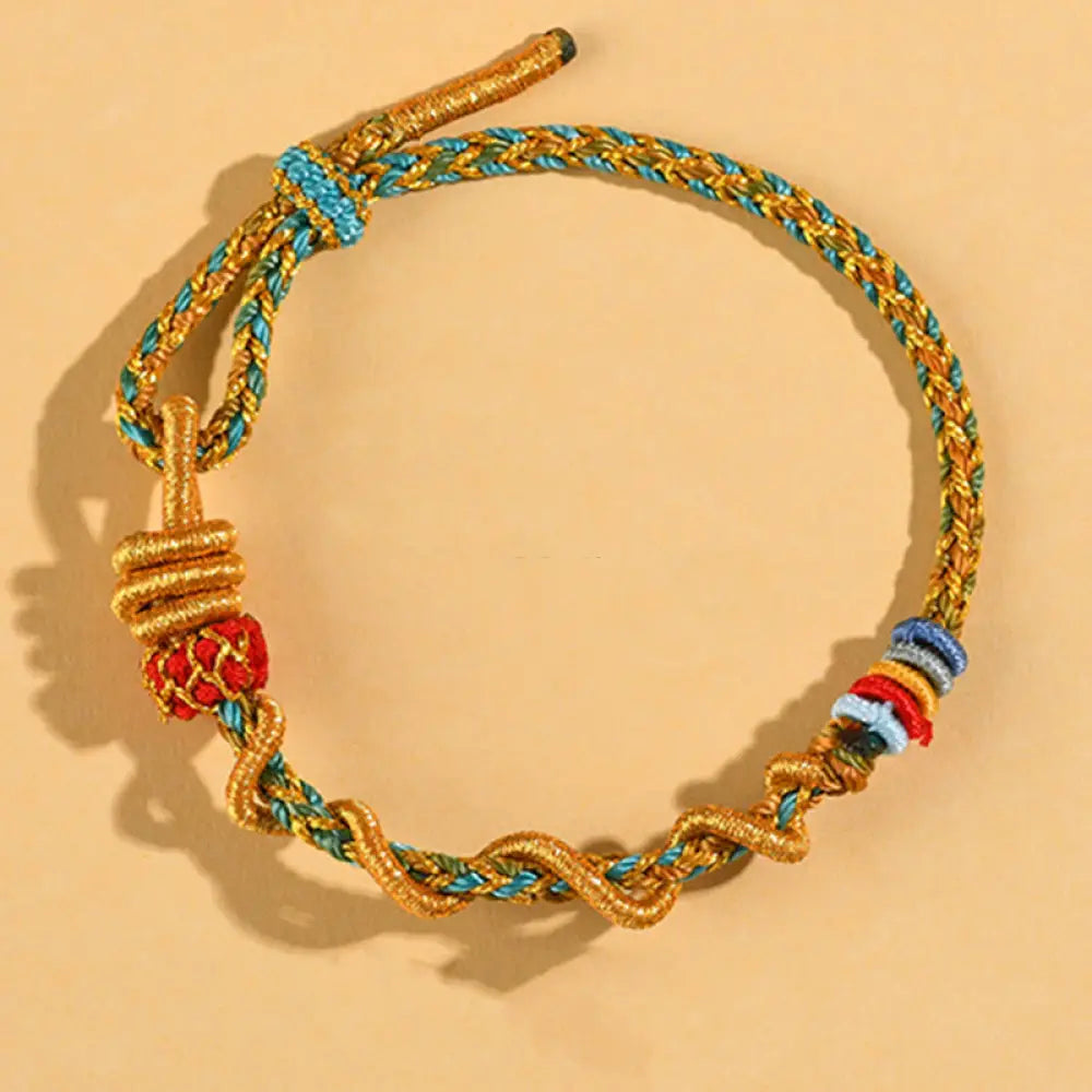 Buddha Stones Colorful String Snake Dragon Year of the Snake Luck Bracelet - BWOOOH - Gold Green Adamantine knot
