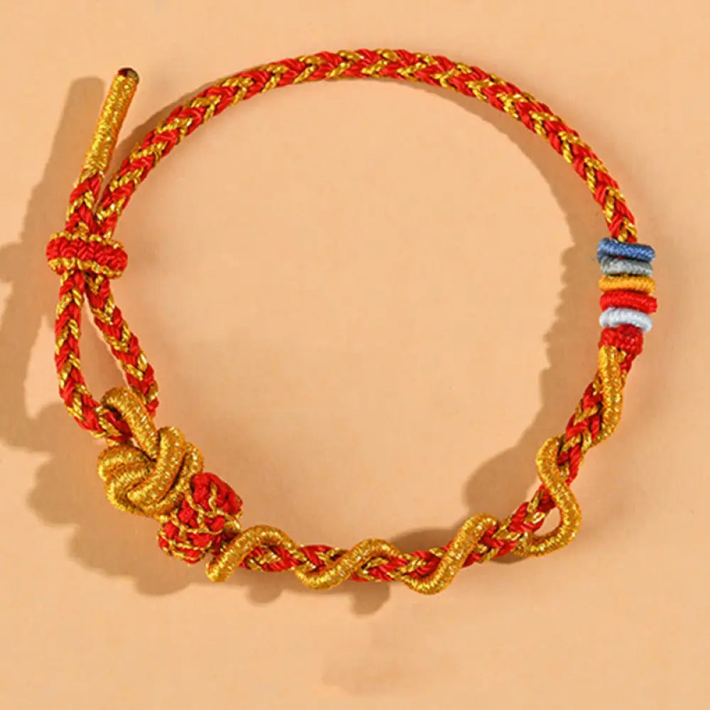 Buddha Stones Colorful String Snake Dragon Year of the Snake Luck Bracelet - BWOOOH - Red Gold Dimple Knot - Bracelet