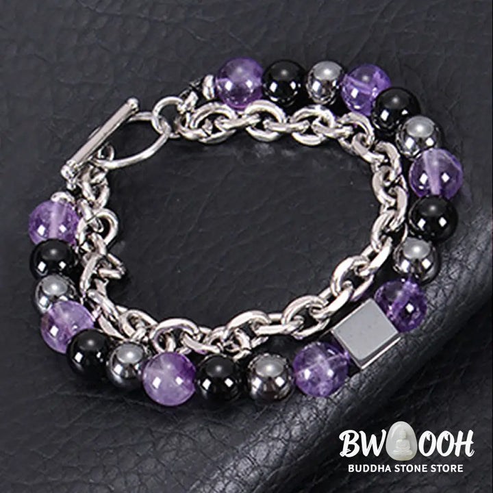 Buddha Stones Colorful Tiger Eye Frosted Stone Black Magnetite Titanium Steel Double Wrap Protection Bracelet - BWOOOH