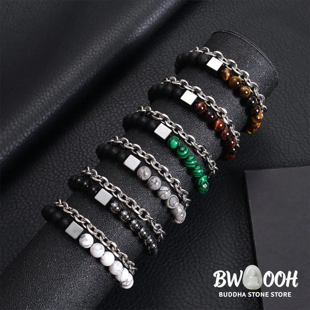 Buddha Stones Colorful Tiger Eye Frosted Stone Black Magnetite Titanium Steel Double Wrap Protection Bracelet - BWOOOH