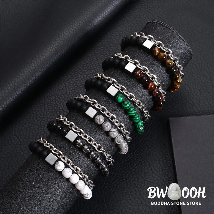 Buddha Stones Colorful Tiger Eye Frosted Stone Black Magnetite Titanium Steel Double Wrap Protection Bracelet - BWOOOH