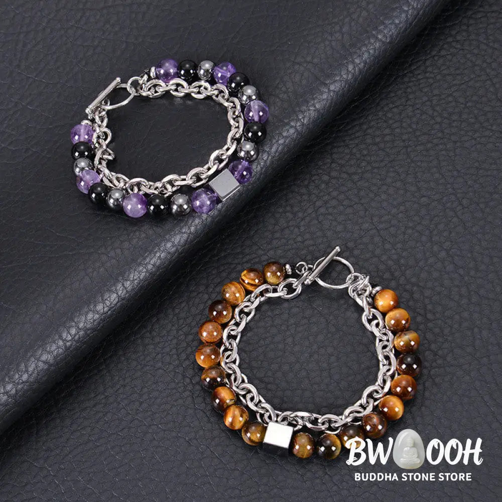 Buddha Stones Colorful Tiger Eye Frosted Stone Black Magnetite Titanium Steel Double Wrap Protection Bracelet - BWOOOH