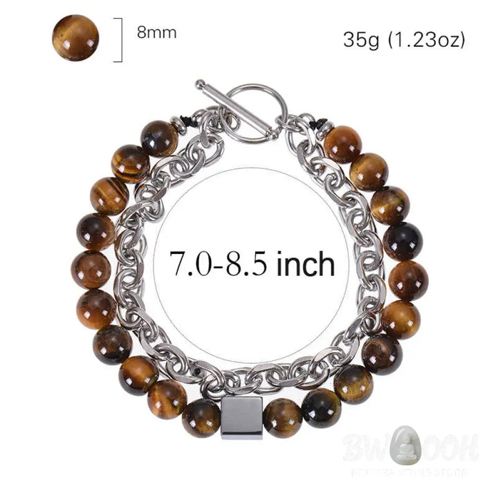 Buddha Stones Colorful Tiger Eye Frosted Stone Black Magnetite Titanium Steel Double Wrap Protection Bracelet - BWOOOH