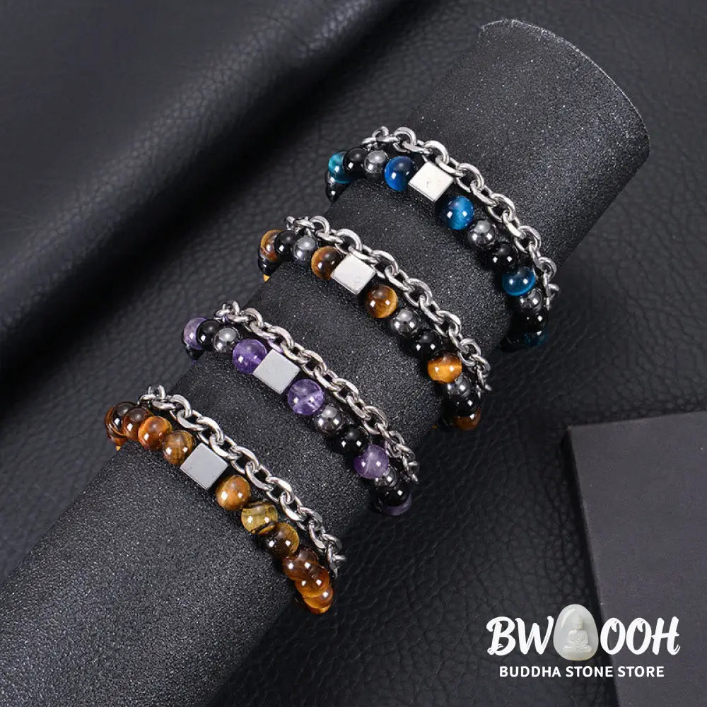 Buddha Stones Colorful Tiger Eye Frosted Stone Black Magnetite Titanium Steel Double Wrap Protection Bracelet - BWOOOH