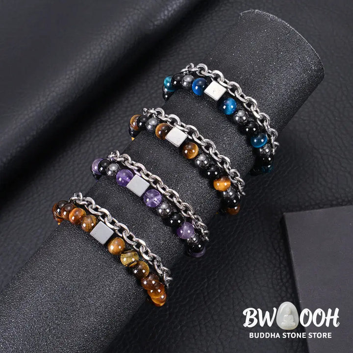 Buddha Stones Colorful Tiger Eye Frosted Stone Black Magnetite Titanium Steel Double Wrap Protection Bracelet - BWOOOH