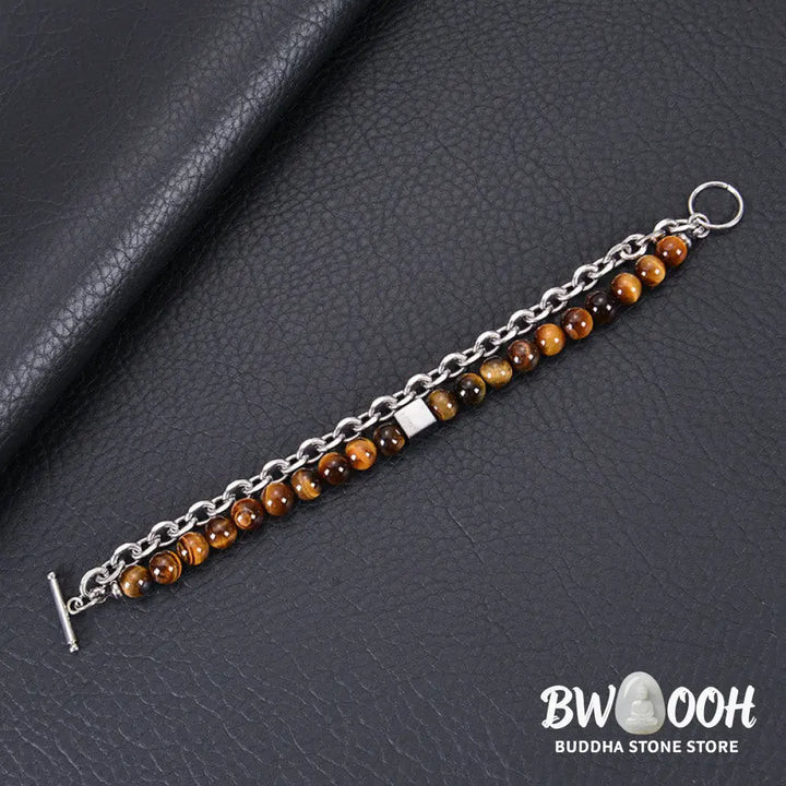 Buddha Stones Colorful Tiger Eye Frosted Stone Black Magnetite Titanium Steel Double Wrap Protection Bracelet - BWOOOH