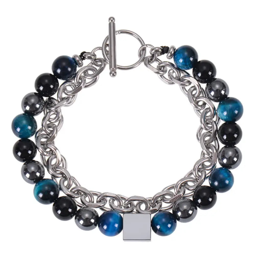 Buddha Stones Colorful Tiger Eye Frosted Stone Black Magnetite Titanium Steel Double Wrap Protection Bracelet - BWOOOH