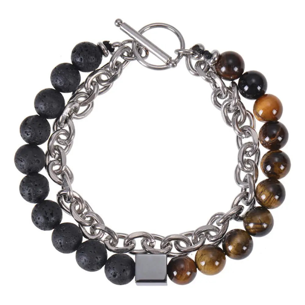 Buddha Stones Colorful Tiger Eye Frosted Stone Black Magnetite Titanium Steel Double Wrap Protection Bracelet - BWOOOH