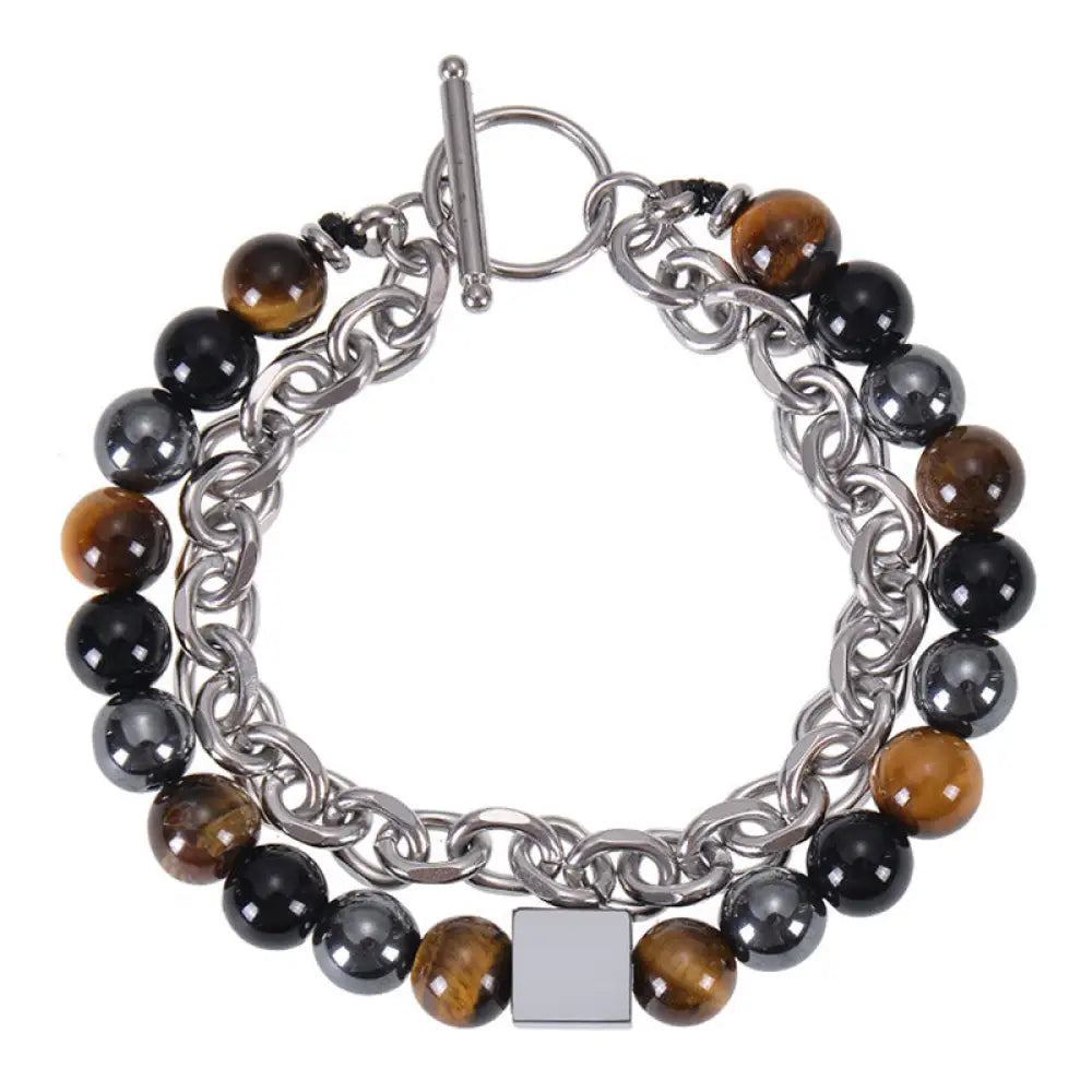 Buddha Stones Colorful Tiger Eye Frosted Stone Black Magnetite Titanium Steel Double Wrap Protection Bracelet - BWOOOH