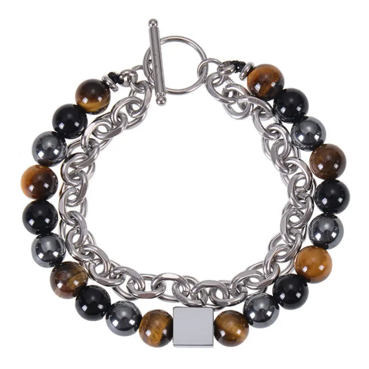 Buddha Stones Colorful Tiger Eye Frosted Stone Black Magnetite Titanium Steel Double Wrap Protection Bracelet - BWOOOH