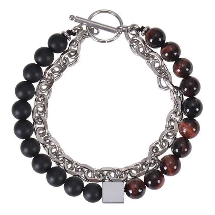 Buddha Stones Colorful Tiger Eye Frosted Stone Black Magnetite Titanium Steel Double Wrap Protection Bracelet - BWOOOH