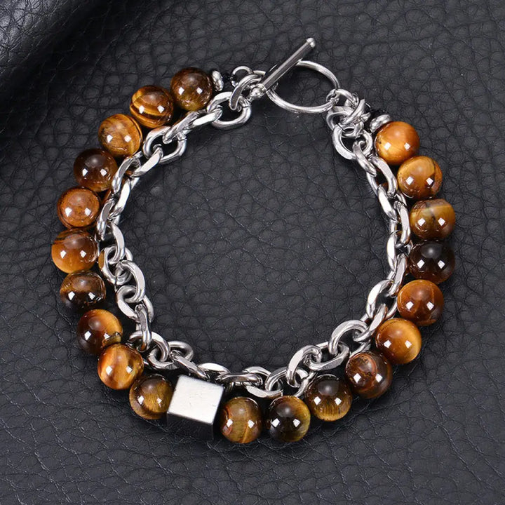 BWOOOH Colorful Tiger Eye Frosted Stone Black Magnetite Titanium Steel Double Wrap Protection Bracelet - BWOOOH
