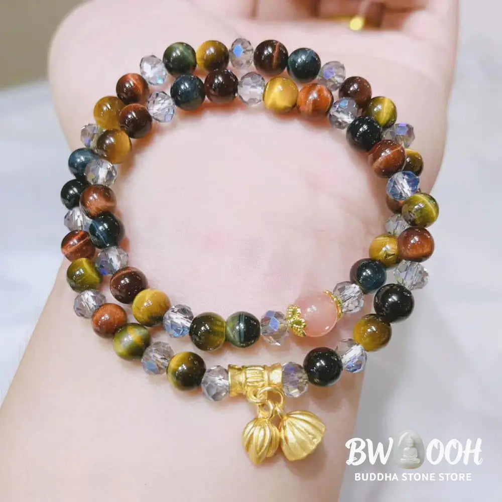 Buddha Stones Colorful Tiger Eye Lotus Multi-circle Elastic Rope Protection Bracelet - BWOOOH - Tiger Eye(Wrist