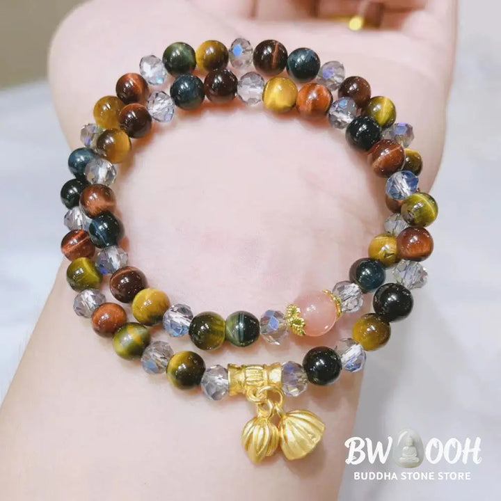 Buddha Stones Colorful Tiger Eye Lotus Multi-circle Elastic Rope Protection Bracelet - BWOOOH - Tiger Eye(Wrist