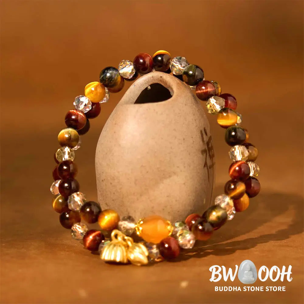 Buddha Stones Colorful Tiger Eye Lotus Multi-circle Elastic Rope Protection Bracelet - BWOOOH - Tiger Eye(Wrist
