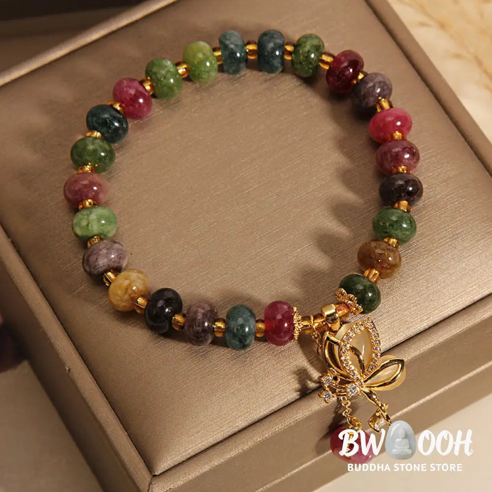 Buddha Stones Colorful Tourmaline Butterfly Charm Wisdom Bracelet - BWOOOH - Tourmaline(Positive♥Love)(Wrist