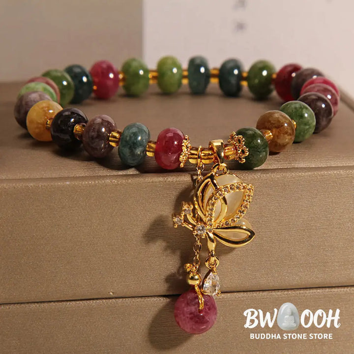 Buddha Stones Colorful Tourmaline Butterfly Charm Wisdom Bracelet - BWOOOH - Tourmaline(Positive♥Love)(Wrist