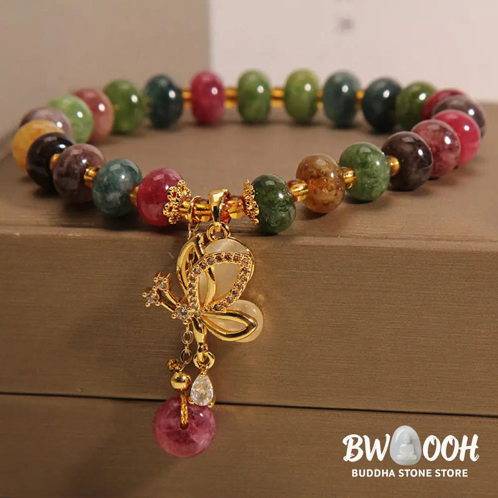 Buddha Stones Colorful Tourmaline Butterfly Charm Wisdom Bracelet - BWOOOH - Tourmaline(Positive♥Love)(Wrist