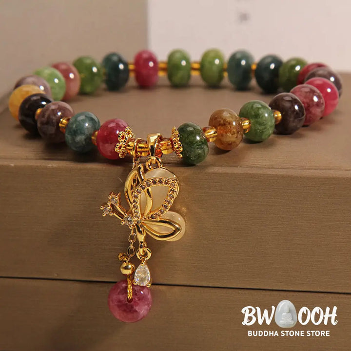 Buddha Stones Colorful Tourmaline Butterfly Charm Wisdom Bracelet - BWOOOH - Tourmaline(Positive♥Love)(Wrist