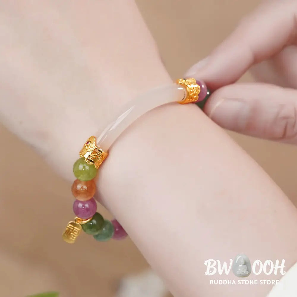 Buddha Stones Colorful Tourmaline Chalcedony Positive Fu Character Charm Bracelet - BWOOOH - Tourmaline(Wrist