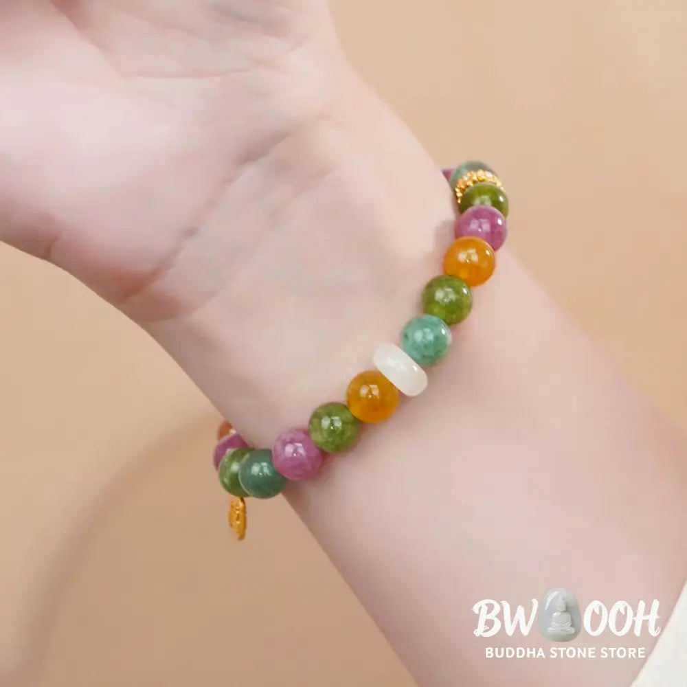 Buddha Stones Colorful Tourmaline Chalcedony Positive Fu Character Charm Bracelet - BWOOOH - Tourmaline(Wrist