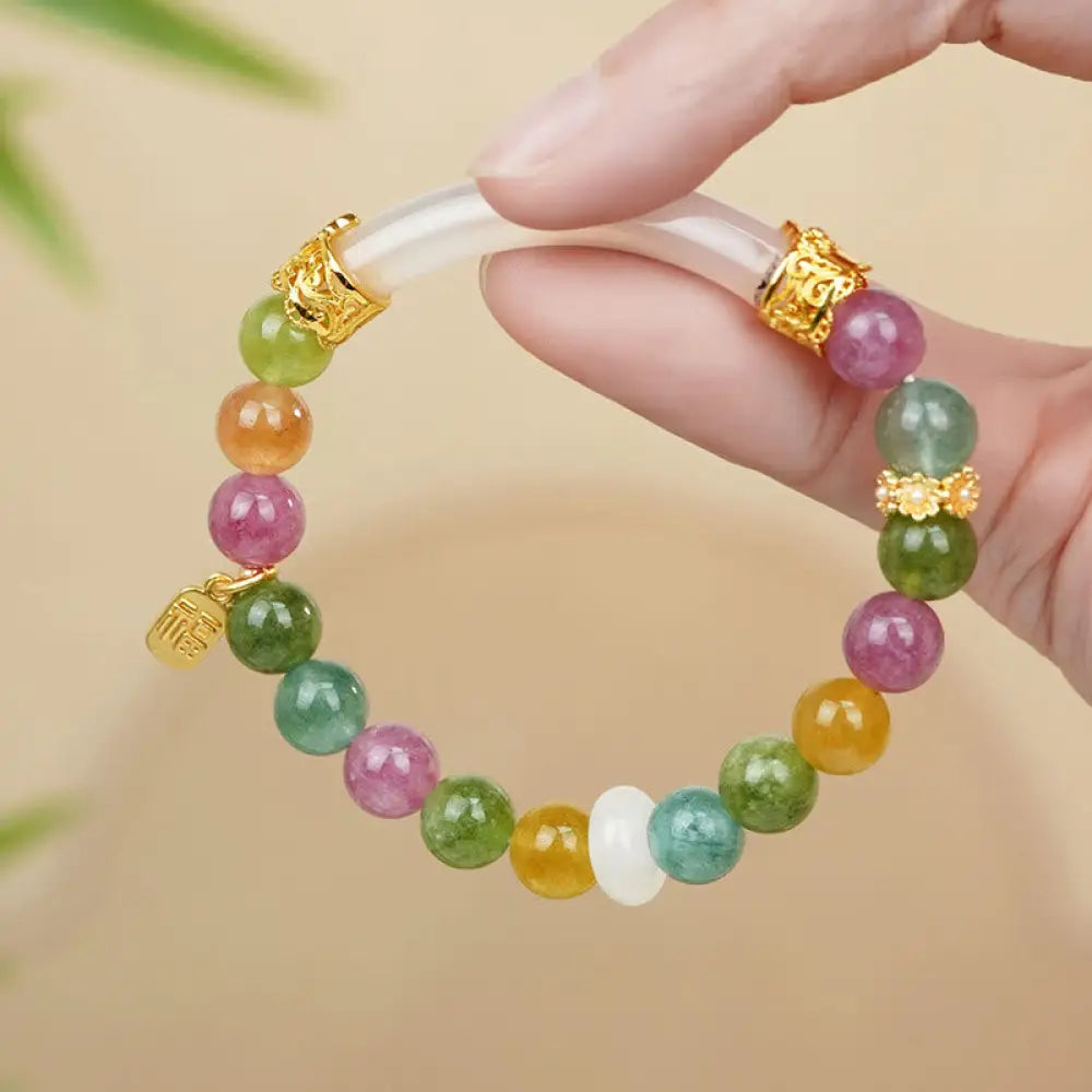 BWOOOH Colorful Tourmaline Chalcedony Positive Fu Character Charm Bracelet - BWOOOH - Tourmaline(Wrist